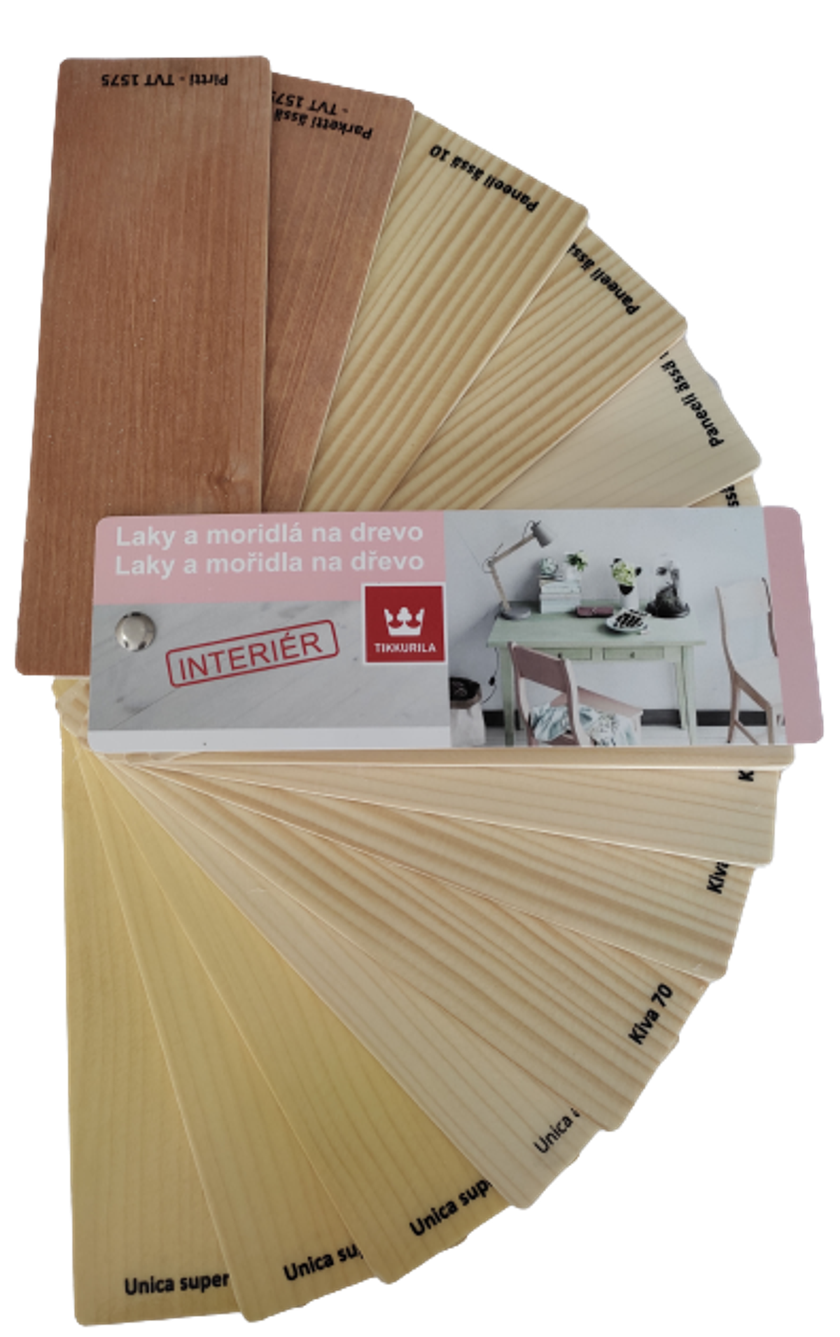 INTERIOR WOOD STAIN AND LACQUERS - Malý, drevený, vejárový vzorkovník interiérových lakov a moridiel.
