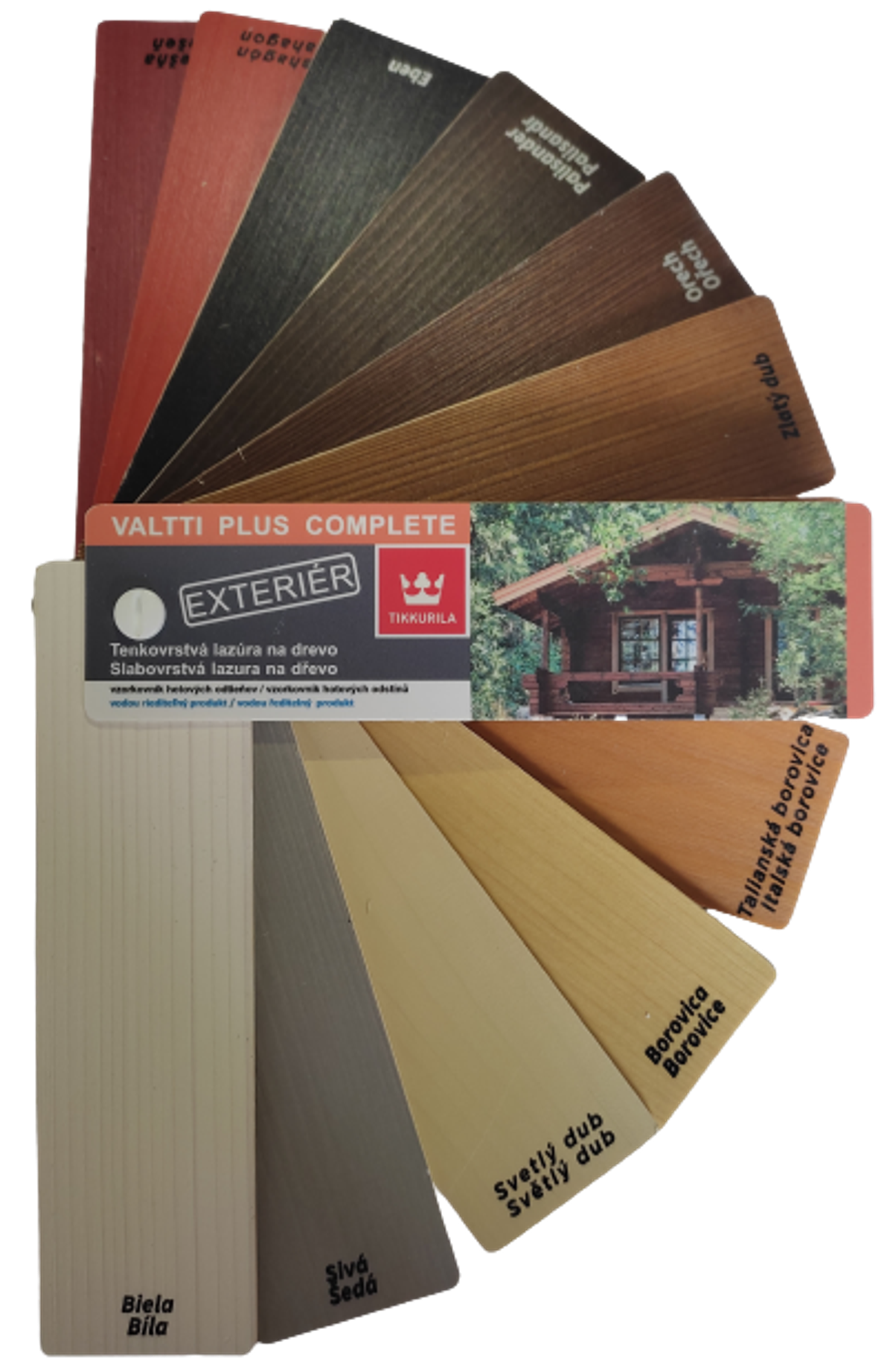 VZORKOVNÍK VALTTI PLUS COMPLETE - hotové odtiene - Drevený vzorkovník hotových odtieňov lazúry na drevo v exteriéri.